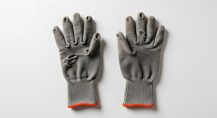 Obraz premium Torn gardening gloves laying flat on a white background 