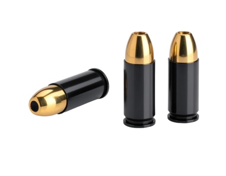 A close-up view of three metallic bullets with shiny golden tips and black casings on a neutral background.