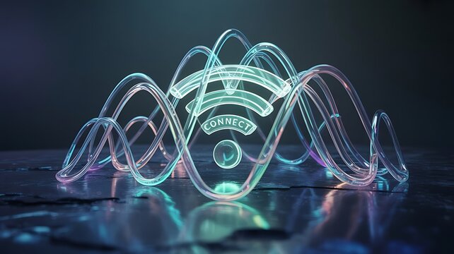 Transparent wifi symbol with connect text and wavy tubes