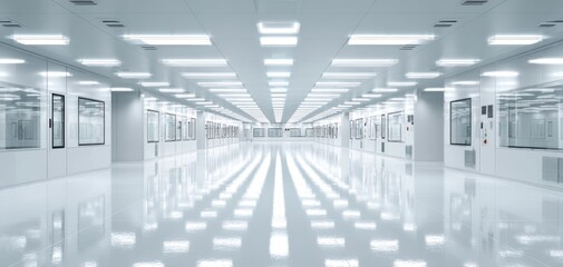 Obraz premium The Cleanroom Corridor With Reflective Flooring and Symmetrical Overhead LED Lighting