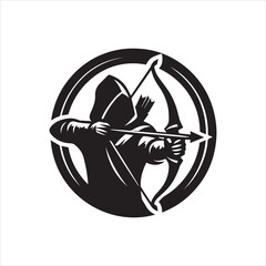 Silhouette Archer with Hooded Cloak Drawing Back Bow in Circular Frame.