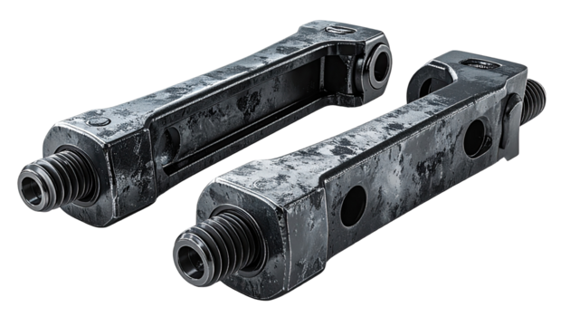 Two metallic components, likely machine parts, angled and positioned in a technical product presentation, showcasing a mottled, distressed finish