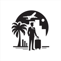Silhouette of a Business Traveler with Luggage Palm Tree and Airplane.