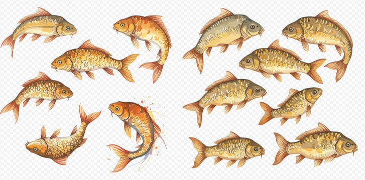 A beautiful watercolor collection of golden and common carp fish swimming in various poses.