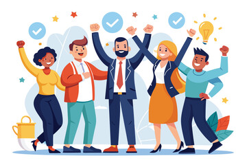 Obraz premium Group of diverse professionals celebrating success in a cheerful office environment with positive energy