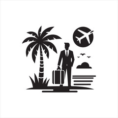 Silhouette of a Businessman with Suitcase near Palm Tree and Airplane.