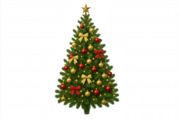 Decorated christmas tree with golden star, sparkling lights, red and gold baubles, and festive bows on transparent background