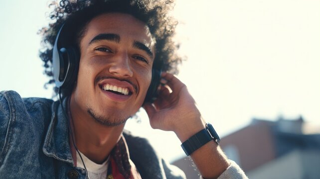 A close-up of a young man wearing headphones, smiling brightly and holding a smartwatch with a blank black display on his wrist. - Powered by Adobe