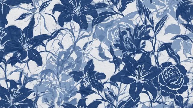 Blue Floral Seamless Pattern - A seamless pattern featuring lilies and roses in a cyanotype style. The design is abstract and features dark blue silhouettes of flowers on a lighter blue and white