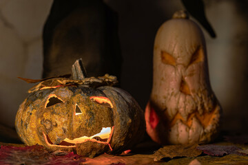 Illuminated Halloween pumpkin with copy space