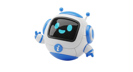 Cute cartoon robot with a friendly face and blue accents on a black background