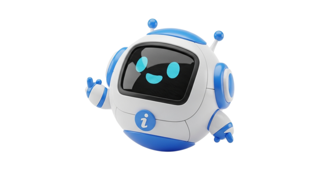 Cute cartoon robot with a friendly face and blue accents on a black background