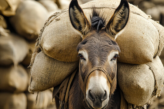 Donkey carrying heavy burlap sacks in a rustic environment showcasing hard work and resilience