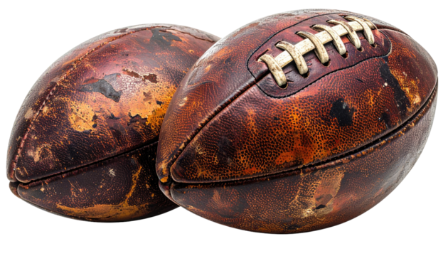 Two worn American footballs