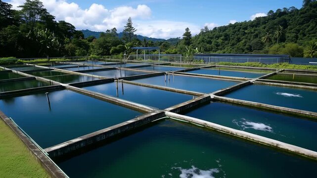 The video highlights a large aquaculture facility with multiple fish farming ponds set in a tropical landscape under clear blue skies