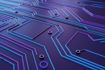 Intricate glowing circuit board lines with futuristic purple and blue hues, representing digital technology and innovation.