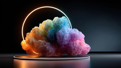 A vibrant, colorful, and abstract structure sits atop a dark pedestal, illuminated by a glowing neon ring.