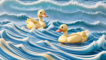 Yellow Rubber Ducks Floating on Waves