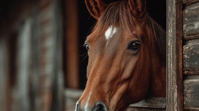 Close-up of a brown horse looking out from a rustic stable during the late afternoon