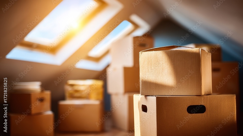 Aufkleber natural light filters through skylights in an attic storage space creating a bright focused area on 