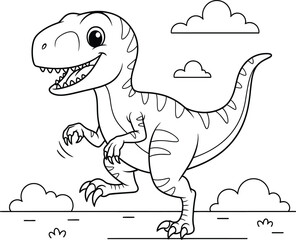 Cute Cartoon Velociraptor Dinosaur Running - Black and White Line Art for Coloring Book