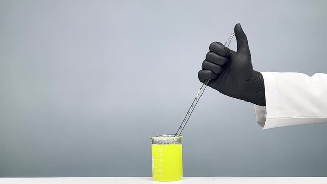 Scientist filling and emptying pipette in yellow liquid beaker against plain background