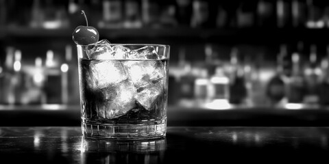 Craft cocktail served on bar top with ice and cherry garnish