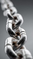 Close-up view of a robust metal chain showcasing intricate links and texture on a neutral background