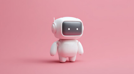 Cute cartoon-style white robot with glowing eyes standing on pastel pink background, friendly AI assistant character
