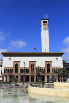 Casablanca, Morocco. Old Police station, now Regional Authorities building of Casablanca and Settat on Mohammed V Square. Fusion of French Colonial Art Deco and Arabesque architecture.