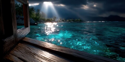 Beautiful sunlight reflecting on tranquil ocean waves near a wooden dock in a serene coastal setting