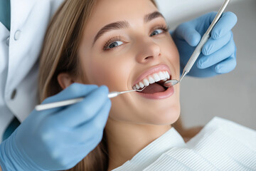 Fototapeta premium A dentist exam with patient showing healthy smile and teeth during dental care appointment
