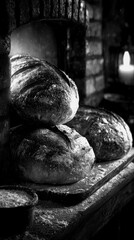 Freshly baked bread on a wooden table near a warm fireplace