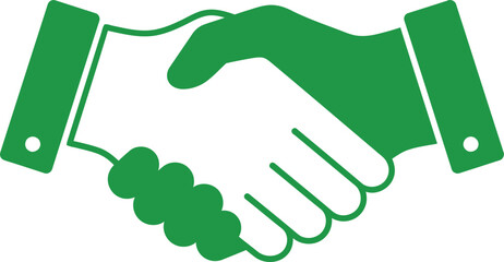 A green illustration depicting two hands firmly shaking in agreement