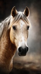 Naklejka premium Beautiful horse with a flowing mane against a soft, blurred background in a serene setting