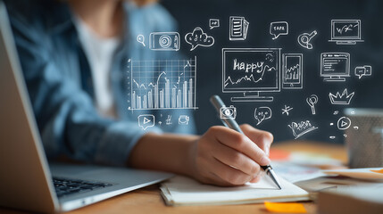 an advertising professional creating an ad with a digital marketing dashboard, showing graphs and data