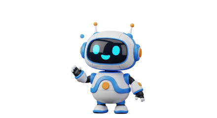 Cute friendly robot with glowing blue eyes and antenna waving hello