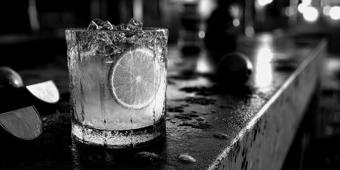 Refreshing citrus drink on a bar counter in black and white
