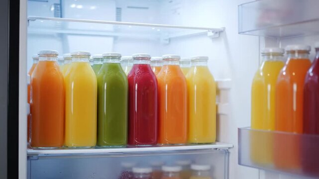 Colorful Juice Bottles in Refrigerator - An assortment of vibrant juice bottles with various colors are neatly arranged on a refrigerator shelf.