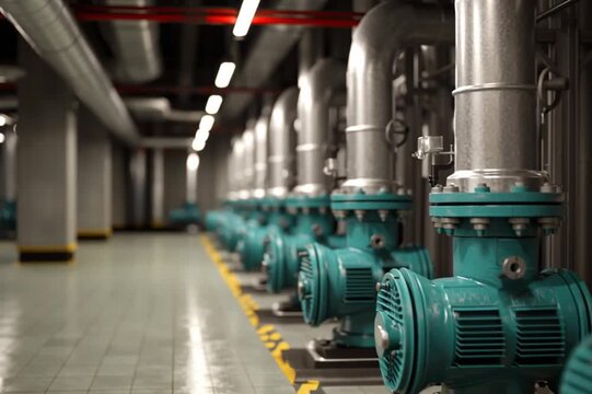 Industrial Water Pumps in a Long Underground Facility, with Bright Overhead Lighting and Reflective Tiled Flooring, Showcasing Modern Infrastructure