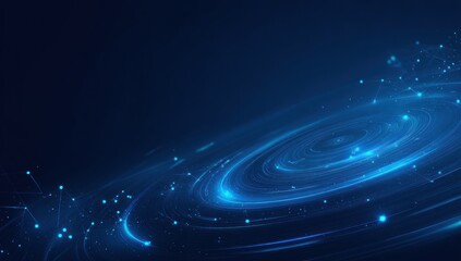 Abstract digital illustration showcases a swirling, interconnected network of luminous blue lines and dots against a dark background.