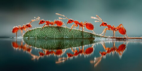 Red ants marching across a green leaf over water in a natural habitat during daylight