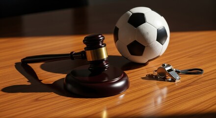Sports Law and Justice Concept with Gavel, Soccer Ball, and Referee Whistle