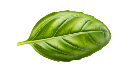 Single fresh green basil leaf with water drops isolated on transparent background, showcasing its vibrant color and intricate vein pattern in detail