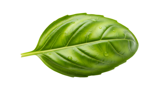 Single fresh green basil leaf with water drops isolated on transparent background, showcasing its vibrant color and intricate vein pattern in detail