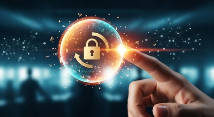Cybersecurity data protection concept Digital lock icon glowing sphere Vector graphic Futuristic tec