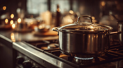 cooking pot on gas stove close up side view stainless steel pan kitchen cookware professional appliance domestic culinary cooking meal preparation setup