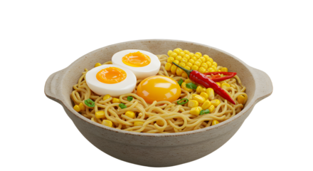 Bowl of instant ramen noodles with boiled eggs, corn, chili peppers, and spices, Asian noodle soup perfect for quick meals or comfort food