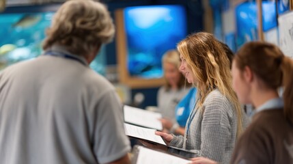 Certification presentation in a medium shot showing a trainer handing out completion certificates to staff after a fish handling course with classroom details blurred behind.