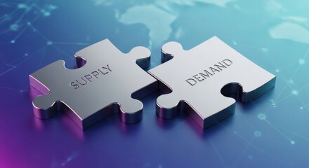 Metallic Supply and Demand puzzle pieces on a futuristic global network background